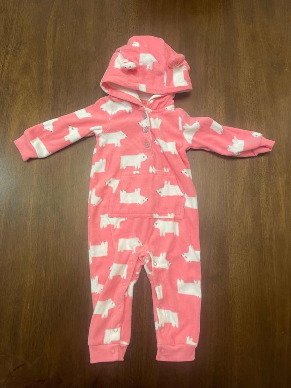 Baby Pink Polar Bear Fleece Hooded Romper 12M Cozy Winter One Piece